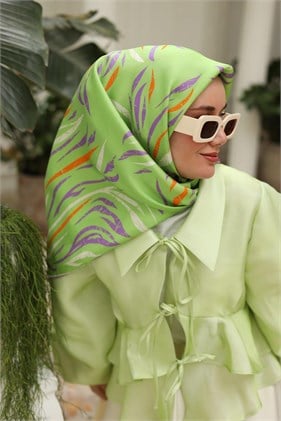 Silk Home Saf Tivil İpek Eşarp 11432 06 Yeşil Lila Çizgi Desen 