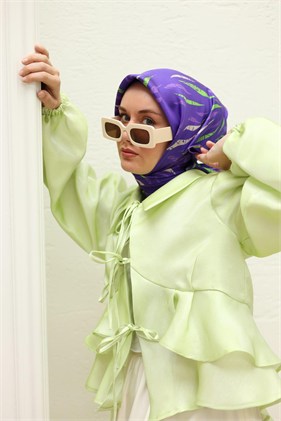 Silk Home Saf Tivil İpek Eşarp 11432 20 Mor Yeşil Soyut Desen
