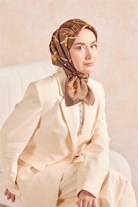 Silk Home Tivil İpek Eşarp 11530 - 10 Acı Kahve - Gold  Kemer Desen