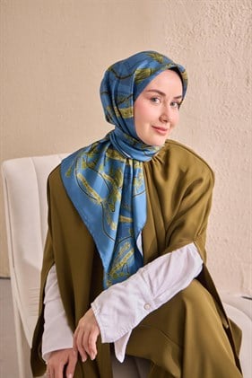Silk Home Tivil İpek Eşarp 11530 - 17 İndigo - Yeşil  Kemer Desen