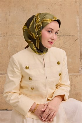 Silk Home Tivil İpek Eşarp 11533 - 20 Yağ Yeşili - Gold Zincir Desen
