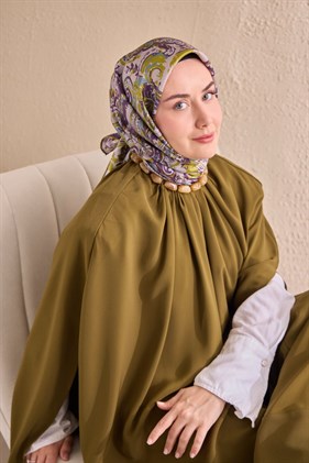 Silk Home Tivil İpek Eşarp IST 11519- 09 Mürdüm - Yağ Yeşil Etnik Desen
