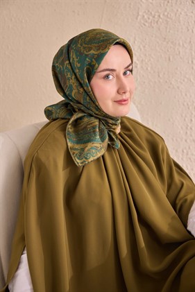 Silk Home Tivil İpek Eşarp IST 11519- 23 Haki - Yağ Yeşil Etnik Desen