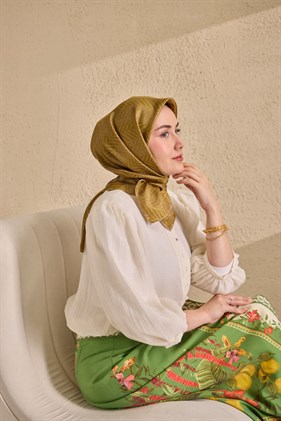 Silk Home Tivil İpek Eşarp IST 11520- 27 Yağ Yeşili Başak Desen