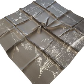 Sisley Sura Saf İpek Eşarp Metalik Gri Çizgi Çiçek Desen 2032 - 012