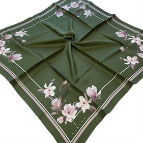 Sisley Sura Saf İpek Eşarp Yeşil Çiçek Desen 2036 - 005
