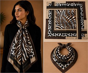 Siyah Kahverengi Leopar Zebra Desenli İpek Fular