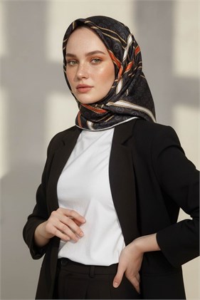 Vissona Tivil İpek Eşarp 10626  01 Siyah Taba Şeritli Monogram Desen