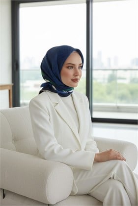 Vissona Tivil İpek Eşarp 51374 - 10 - 0033 - 0036 Lacivert Zümrüt  Yeşili Karışık Desen
