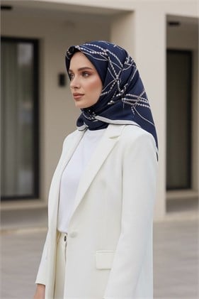 Vissona Tivil İpek Eşarp 61123 0 Lacivert Beyaz İnci Desen