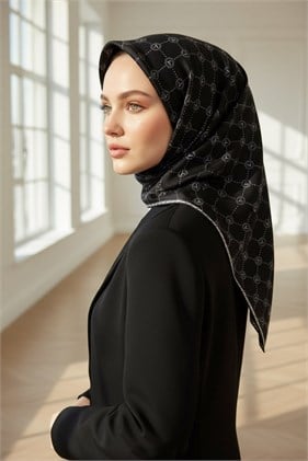 Vissona Tivil İpek Eşarp DGN52033 - 1 - 0001 - 0003 Siyah Krem Monogram Desen