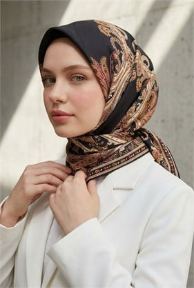Vissona Tivil İpek Eşarp Siyah 60777 02 Etnik Desen