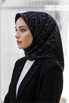 Vissona Tivil İpek Eşarp Siyah Beyaz 6246 03 Geometrik Desen