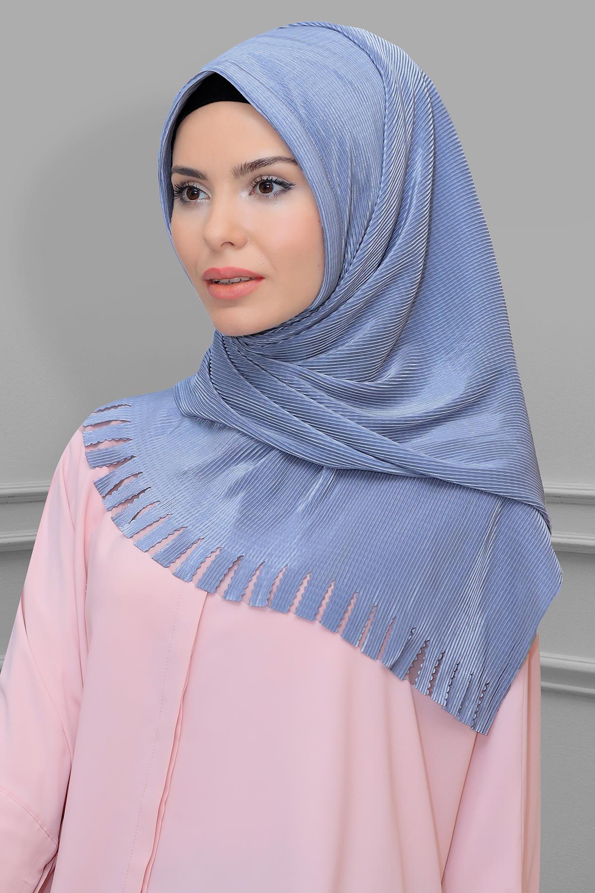 Açık Gri Pratik Hazır Geçmeli Tesettür Eşarp Fukuro Piliseli Saçaklı Lazer Kesim 1828_15