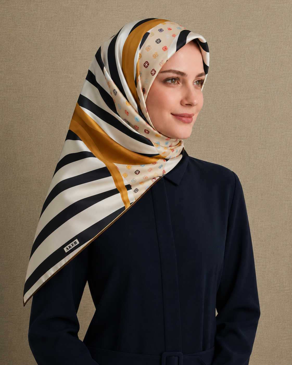 Aker White Stripe Pattern Twill Silk Scarf 8804713-961