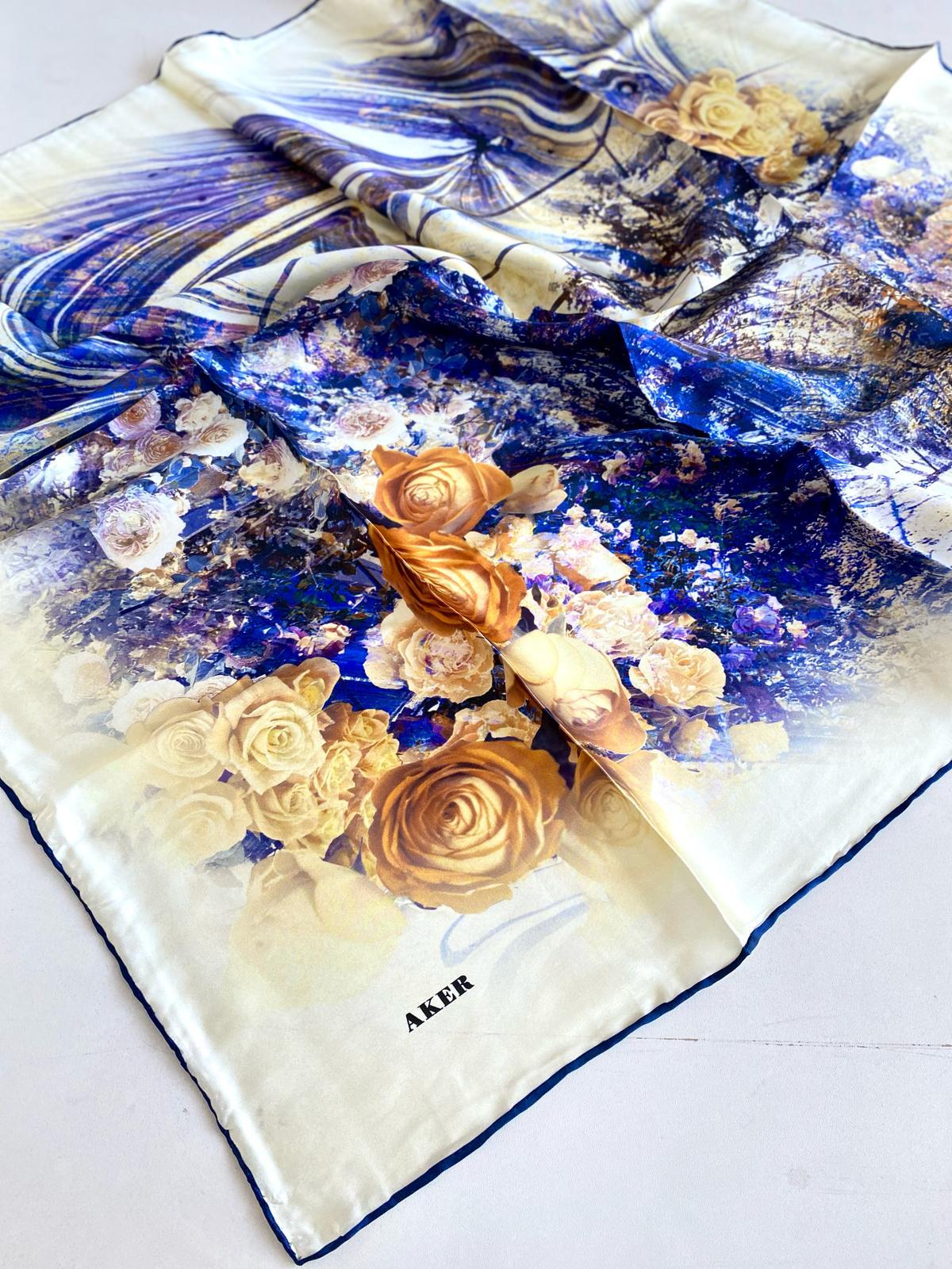 Aker (Large) Satin Silk Scarf 45125 Navy Blue Mixed Pattern