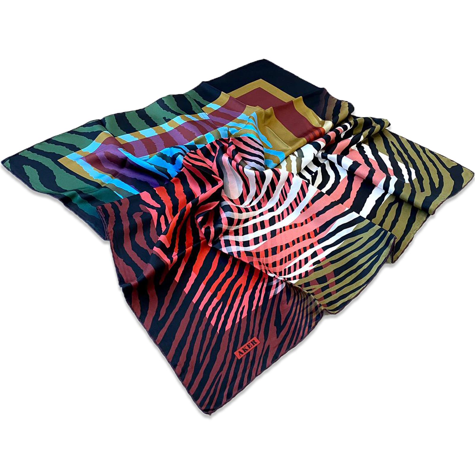 Aker Defolu Claret Red Zebra Pattern Satin Silk Scarf 28845