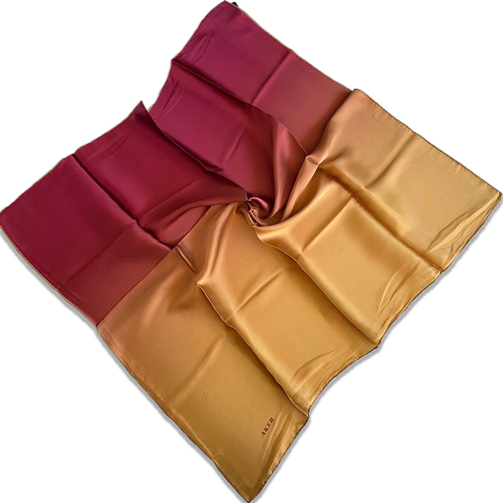 Aker Defolu Mustard-Claret Red Gradient Pattern Satin Silk Scarf 35174