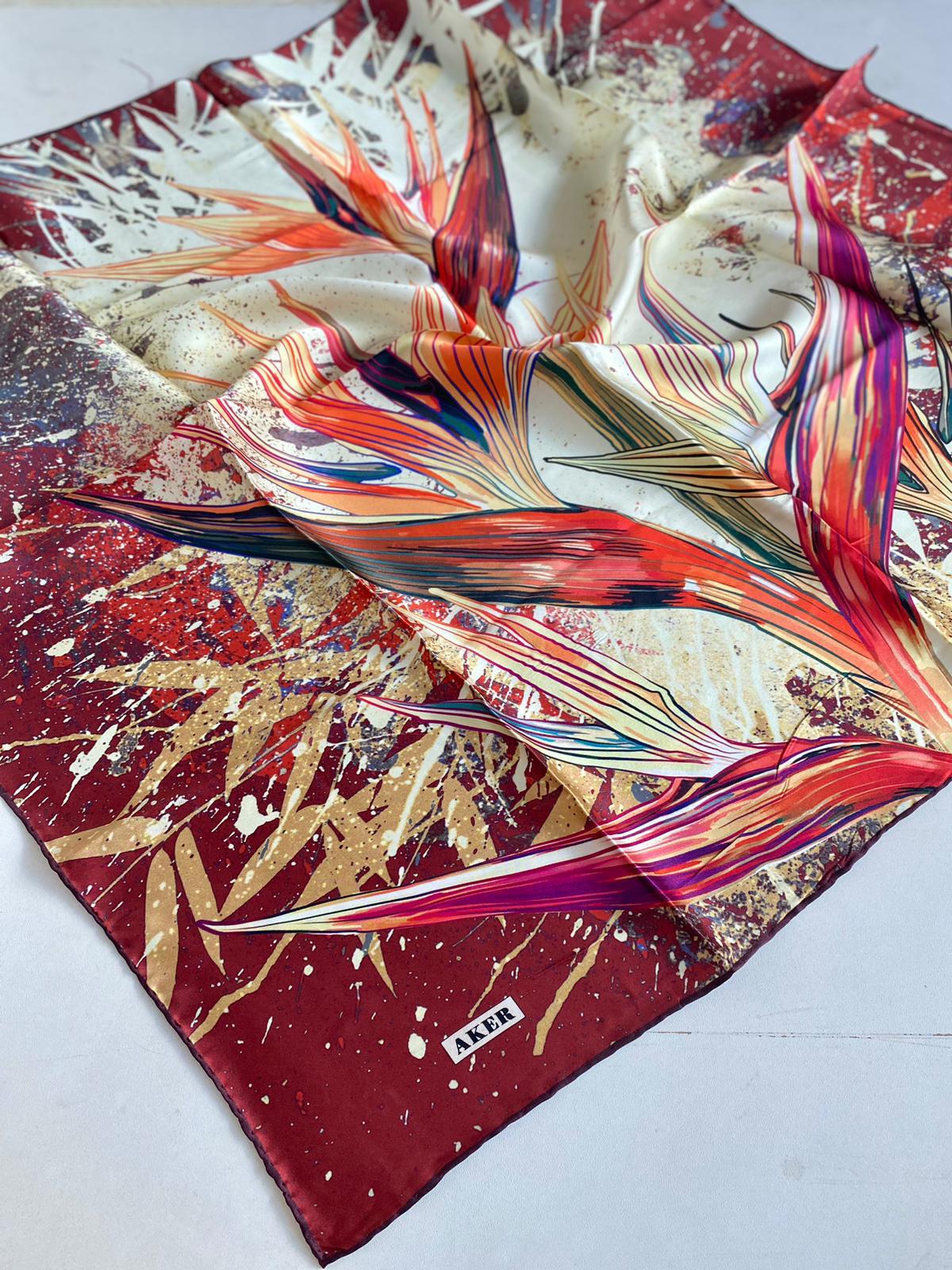 Aker Defolu Sura İpek Eşarp 44490 Kırmızı Karışık Desen