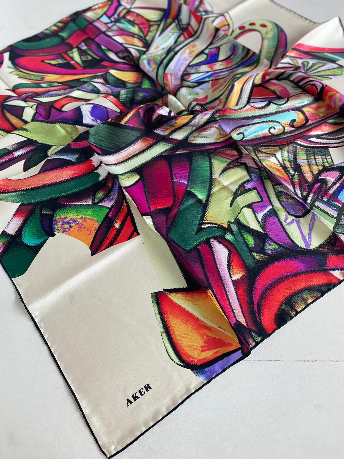 Aker Defolu Tivil İpek Eşarp 44483 Beyaz Karışık Desen