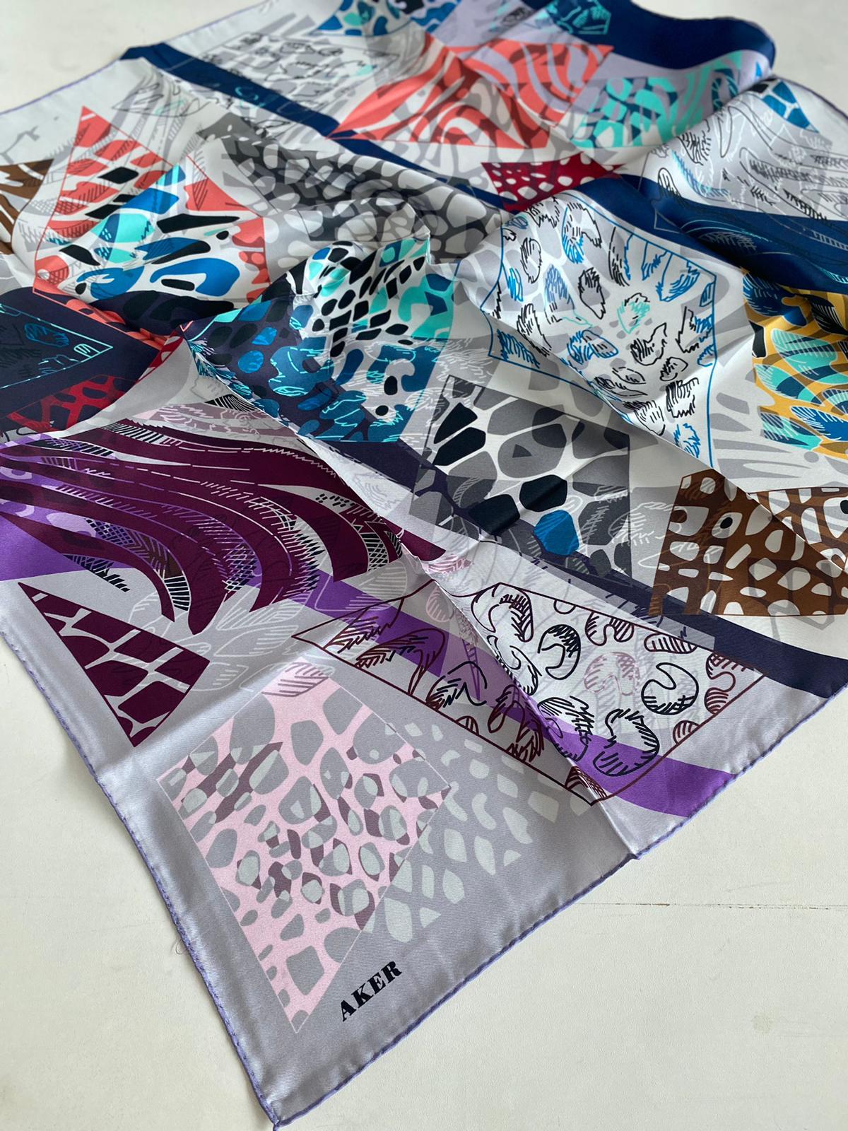 Aker Defolu Tivil İpek Eşarp 44485 Lila Karışık Desen