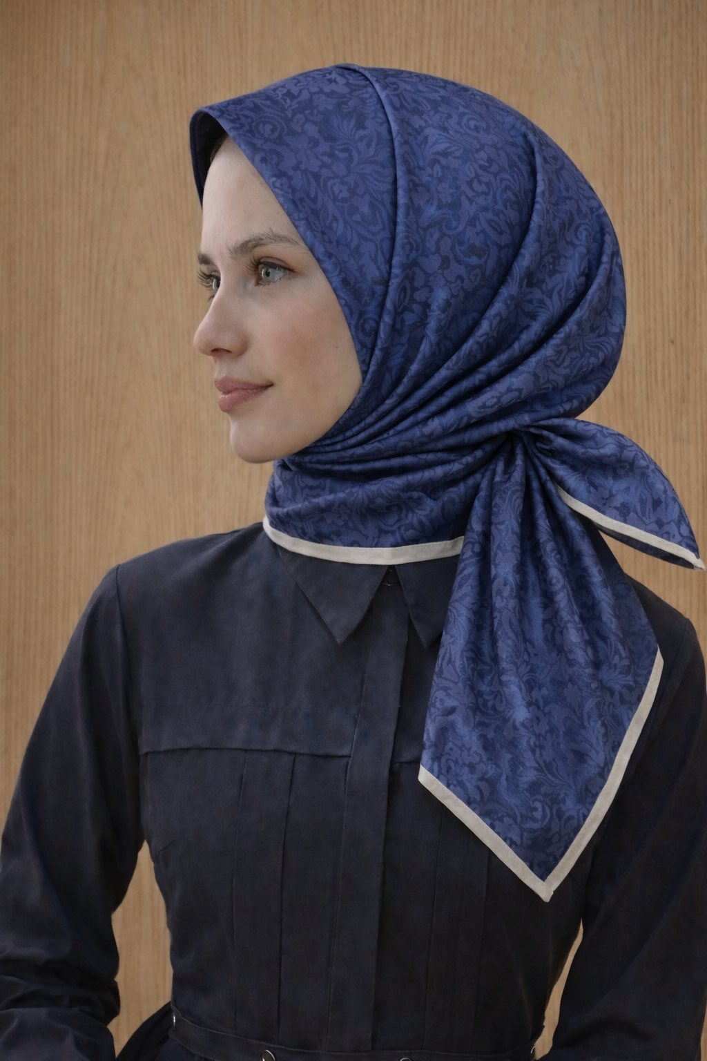Aker İpek Jakarlı Sura Eşarp  7208407 - 424 Lacivert - Füme  Çiçek Desen