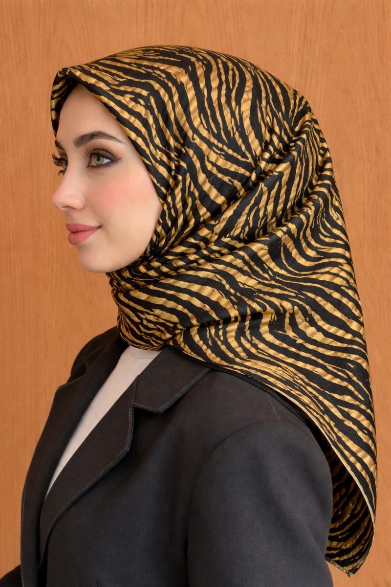 Aker İpek Tivil Eşarp IST 8573713-961 Siyah Hardal Zebra Desen