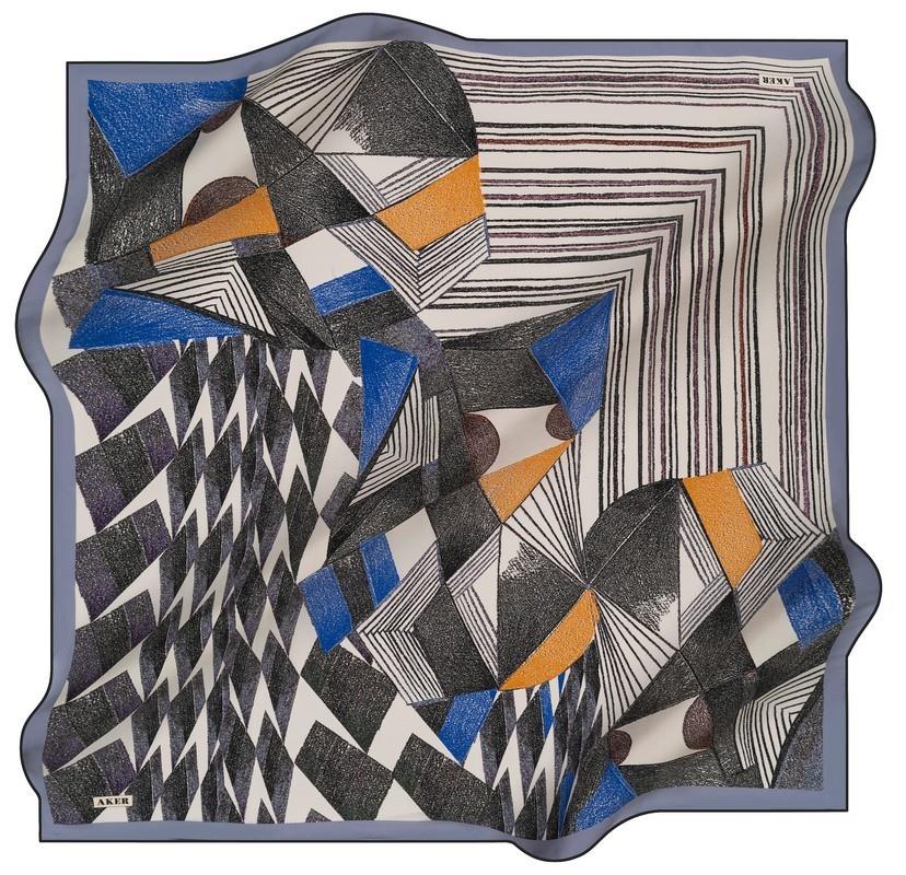 Aker Koyu Buz Mavisi-Krem Geometrik Desen Tivil İpek Eşarp 8413713-915