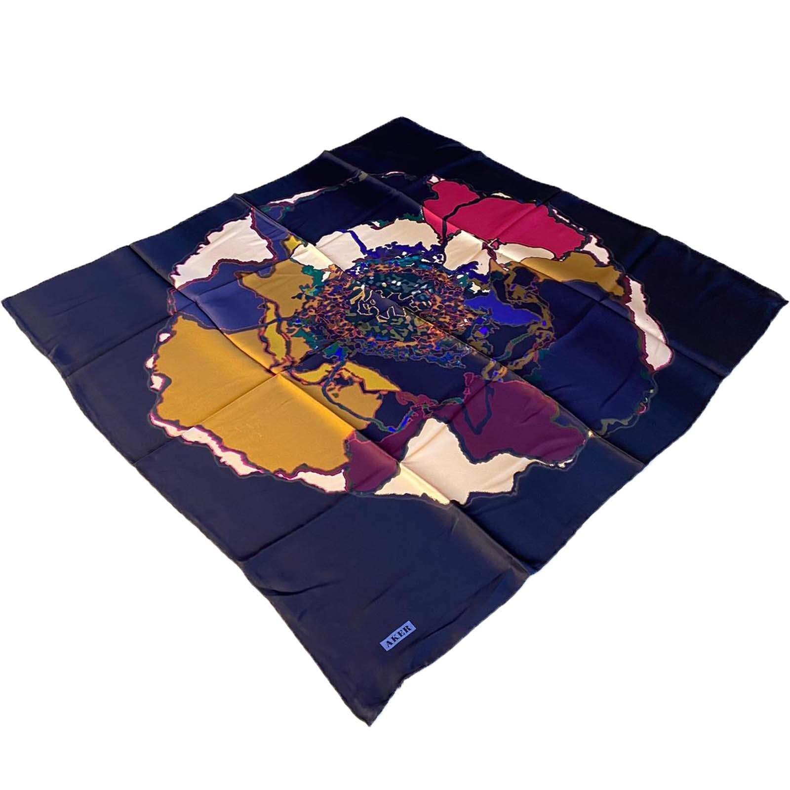 Aker Navy Blue Mixed Pattern Satin Silk Scarf 8314701-321