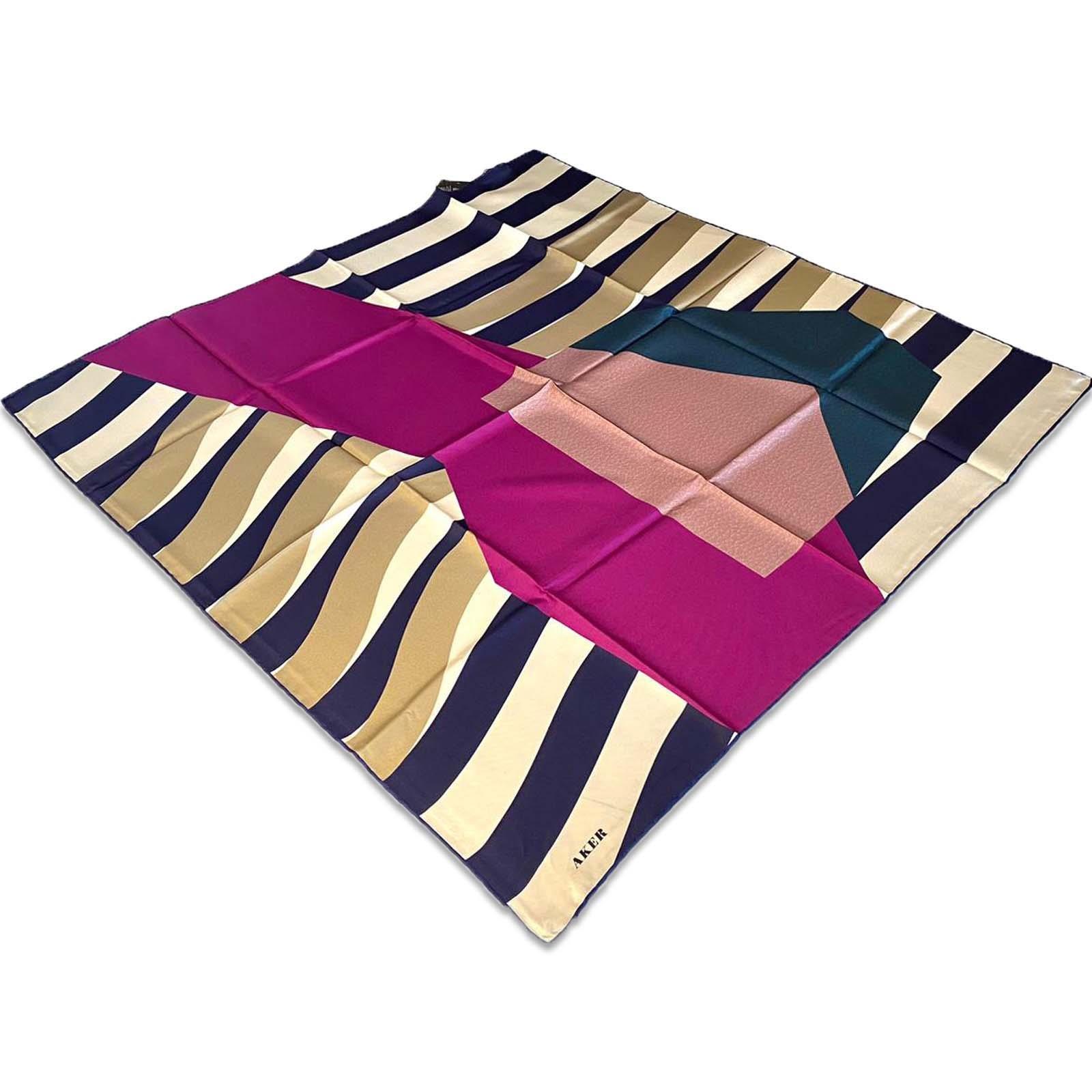 Aker Navy Blue Pink Mixed Pattern Twill Silk Scarf 8809713-921