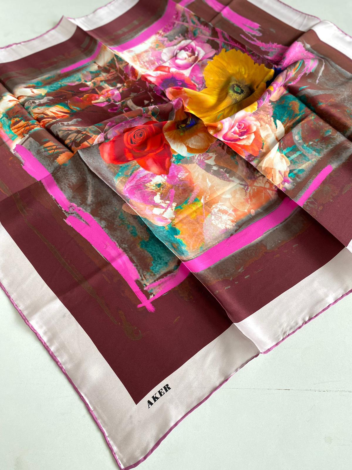 Aker Sura İpek Eşarp 44247 Pudra Pembe Karışık Desen