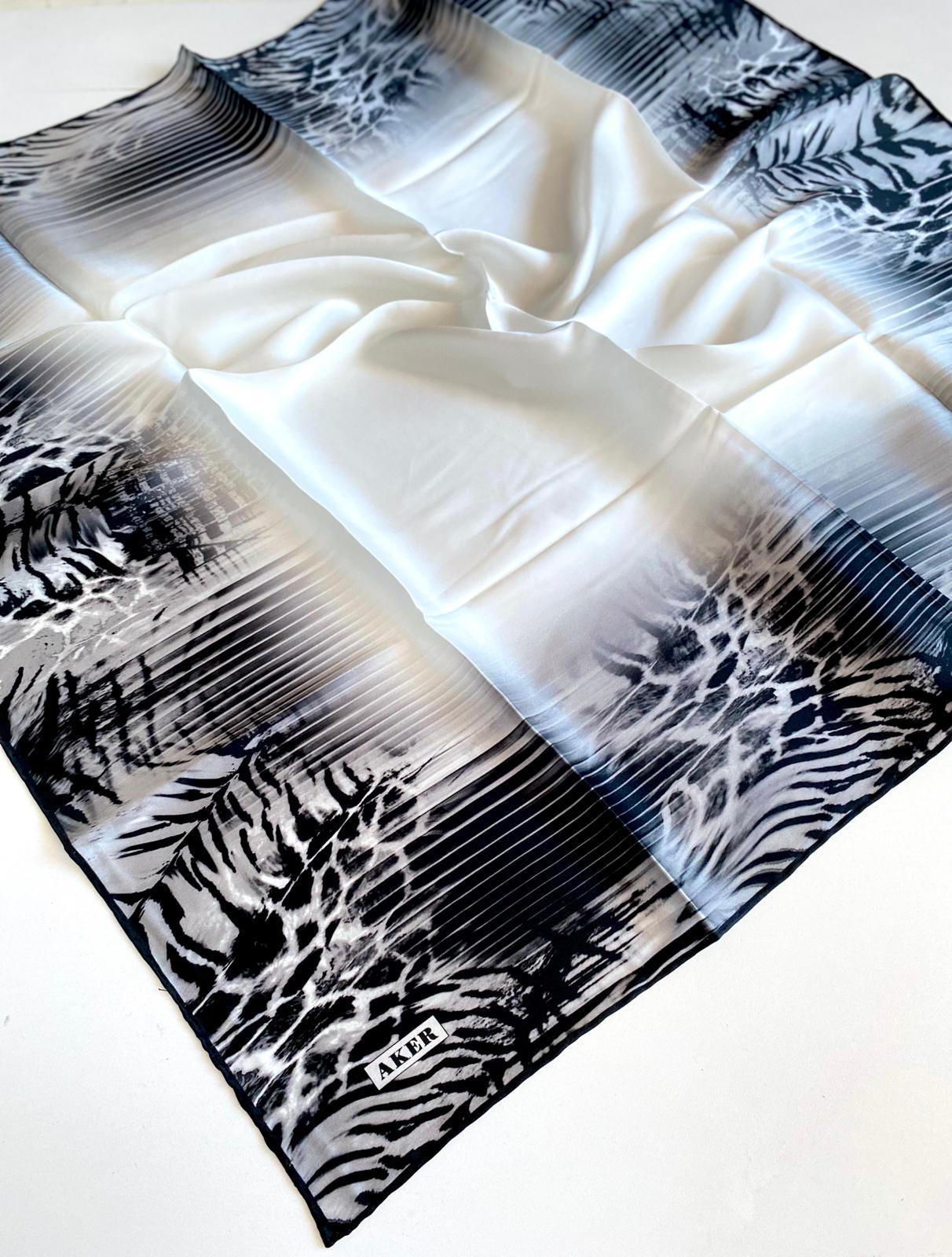 Aker Satin Silk Scarf 8663701-312 47519 White Leopard Pattern
