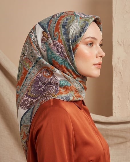 Aker Sura İpek Eşarp  Bej Etnik Desen