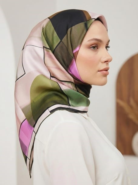 Aker Sura İpek Eşarp Yeşil Geometrik Desen