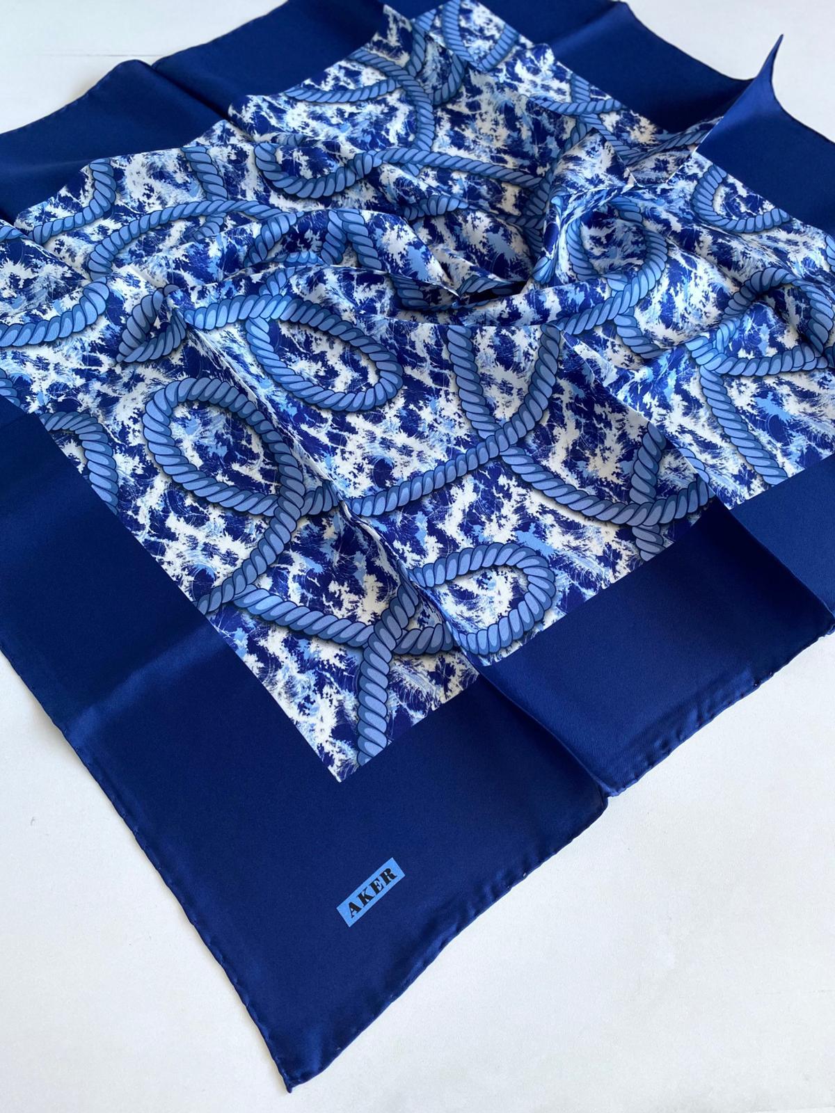 Aker Twill Silk Scarf 8523713-923-48441 Navy Blue Mixed Pattern