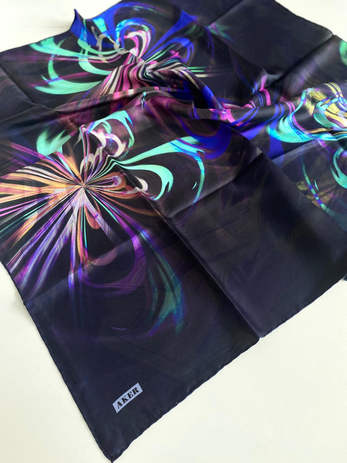 Aker Twill Silk Scarf 8898713-921-48104 Navy Blue Mixed Pattern