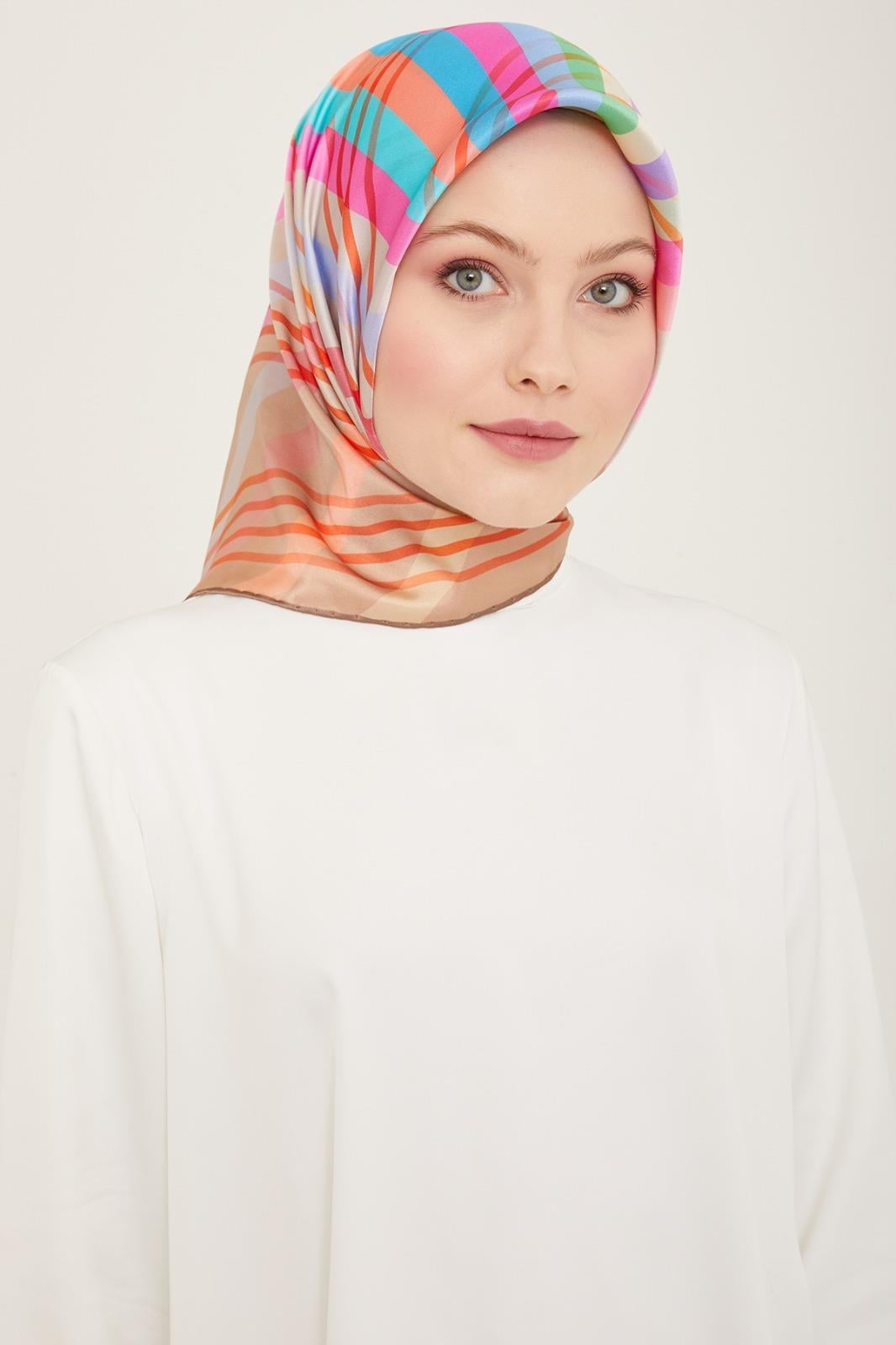 Armine Beige-Pink Stripe Pattern Twill Silk Scarf 9107-05