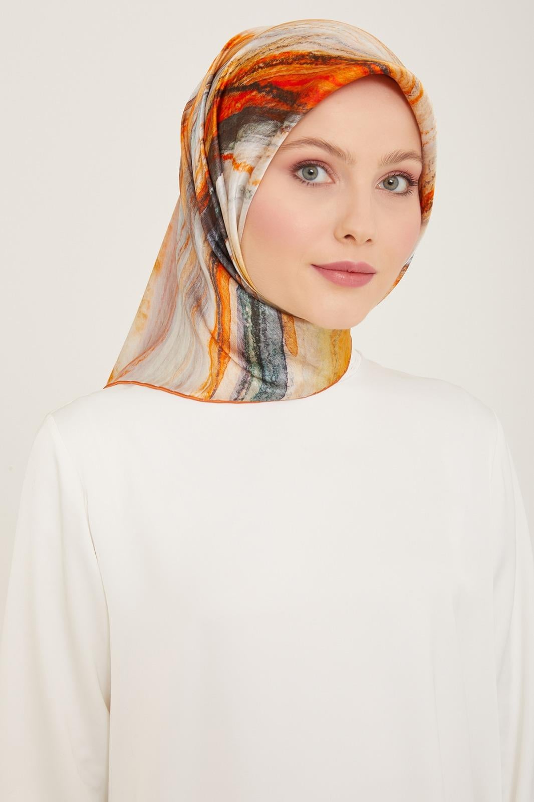 Armine Gri - Turuncu Batik Desen Tivil İpek Eşarp 9102 - 02