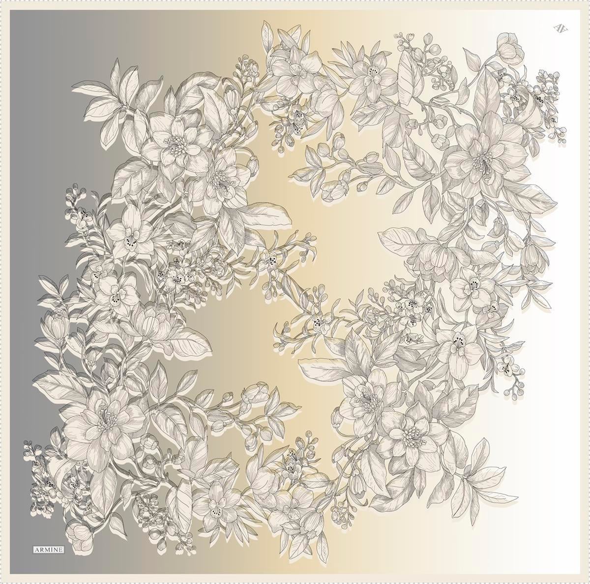 Armine Gümüş Sarı Çiçek Desenli Sura İpek Eşarp 8938-32