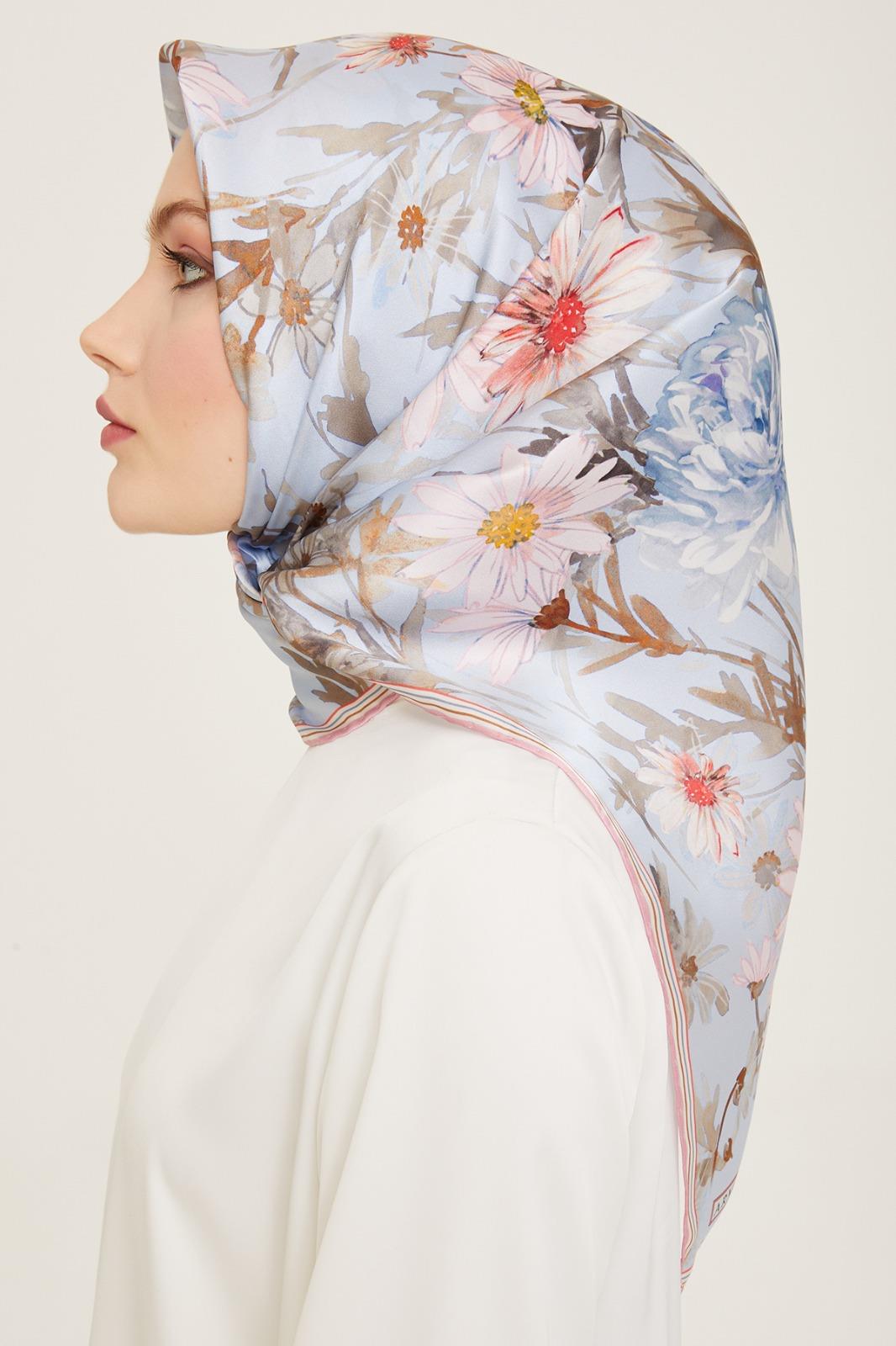Armine Aviator Blue Flower Pattern Twill Silk Scarf 9129-07 Color