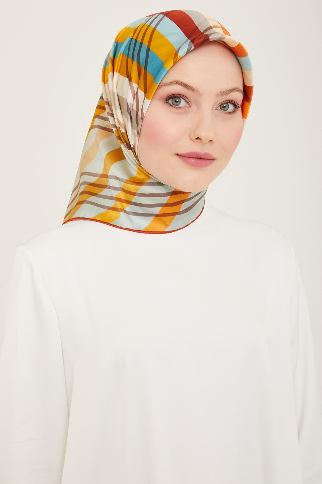 Armine Aviator Blue-Tan Stripe Pattern Twill Silk Scarf 9107-32