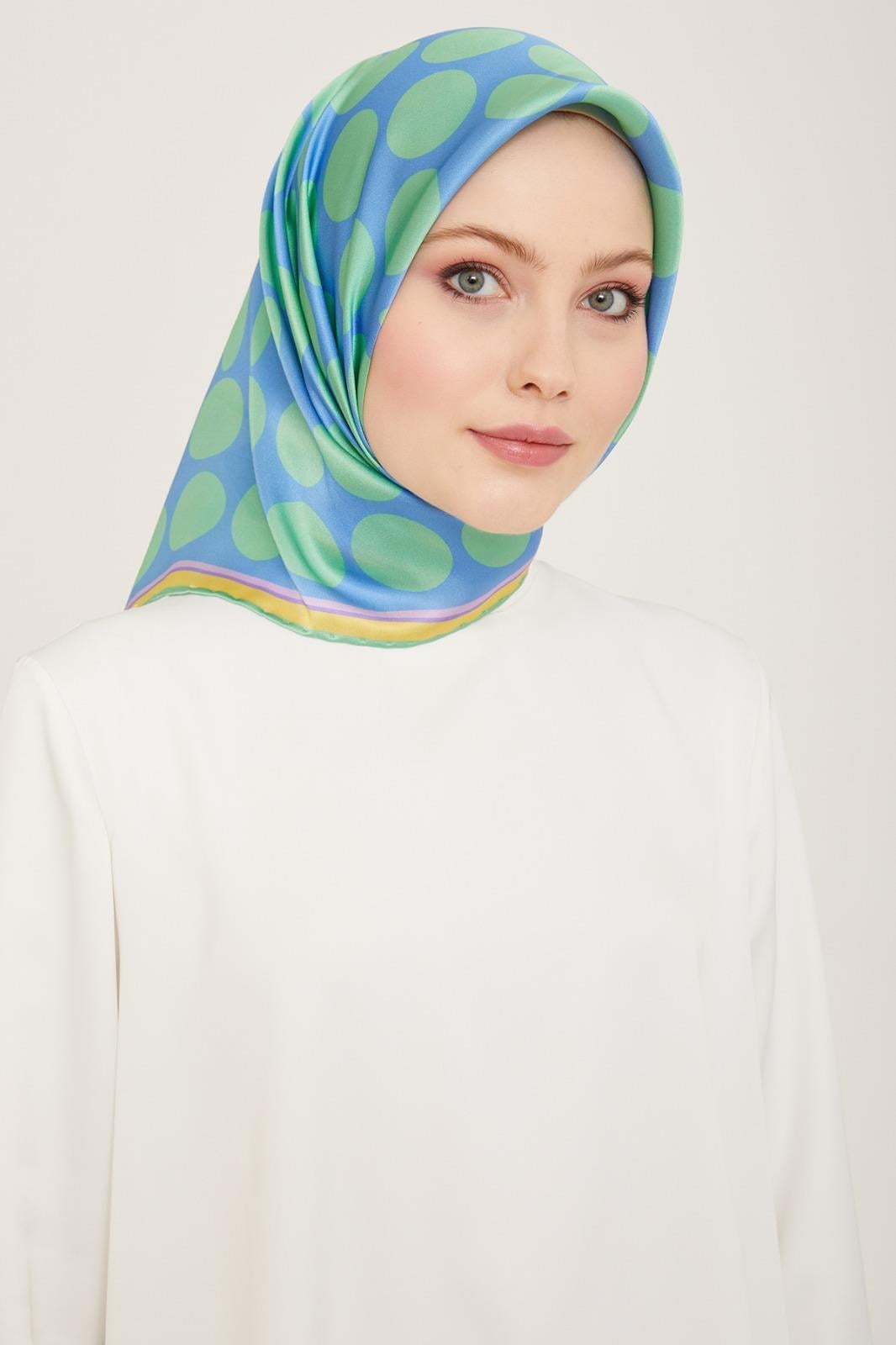 Armine Havacı Mevi-Soft Green Polka Dot Pattern Twill Silk Scarf 9156-53