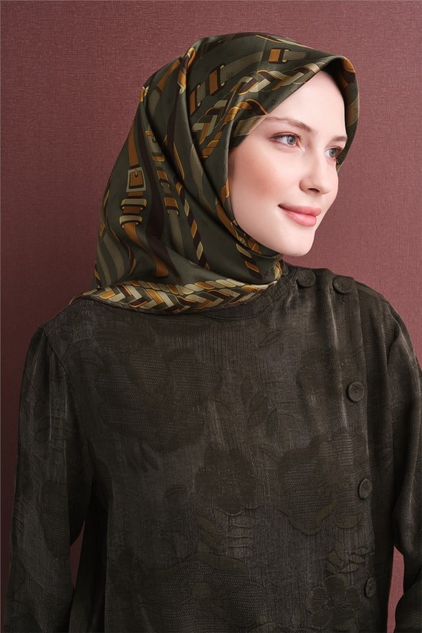 Armine Jakarlı Saf İpek Eşarp 9607 04 Haki Kemer Desen 