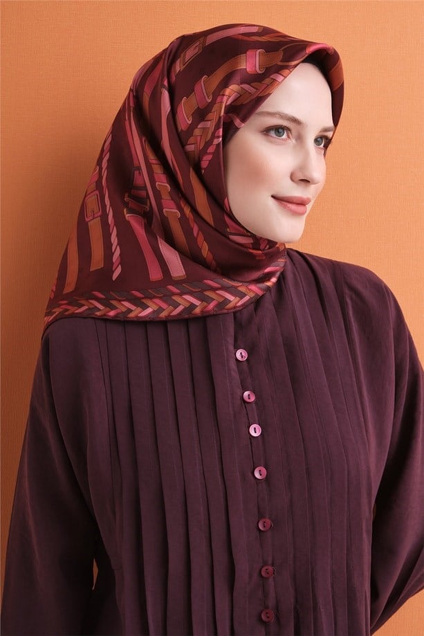 Armine Jakarlı Saf İpek Eşarp 9607 07 Bordo Kemer Desen 