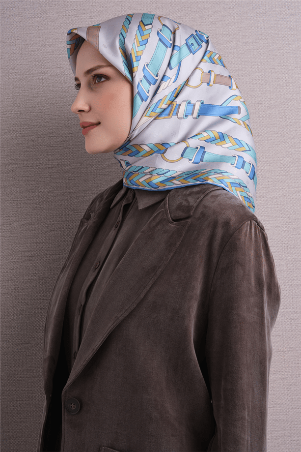 Armine Jakarlı Saf İpek Eşarp 9607 37 Gri - Mavi Kemer Desen 