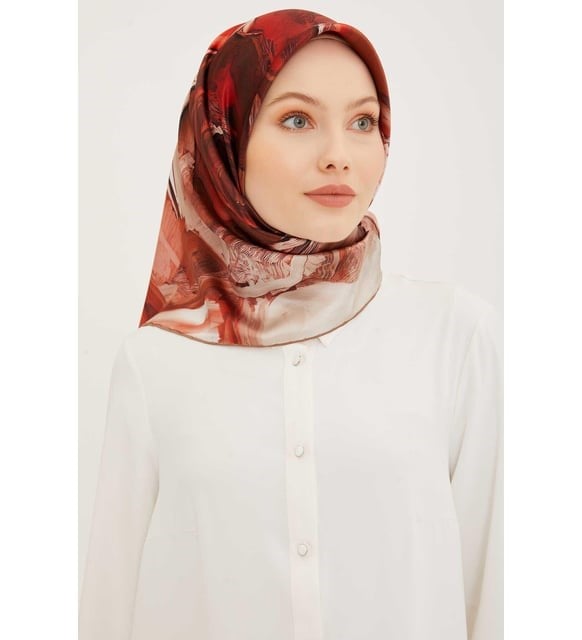 Armine Kırmızı Batik Desenli Tivil İpek Eşarp 8958 - 01