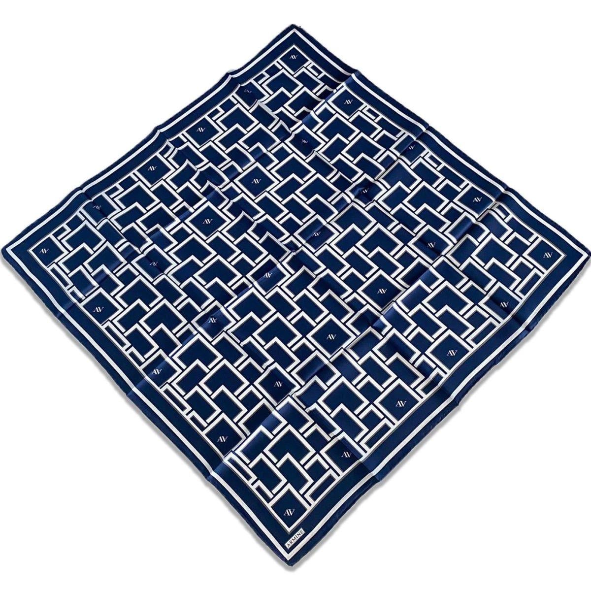 Armine Navy Blue Geometric Pattern Satin Silk Scarf 9132-88