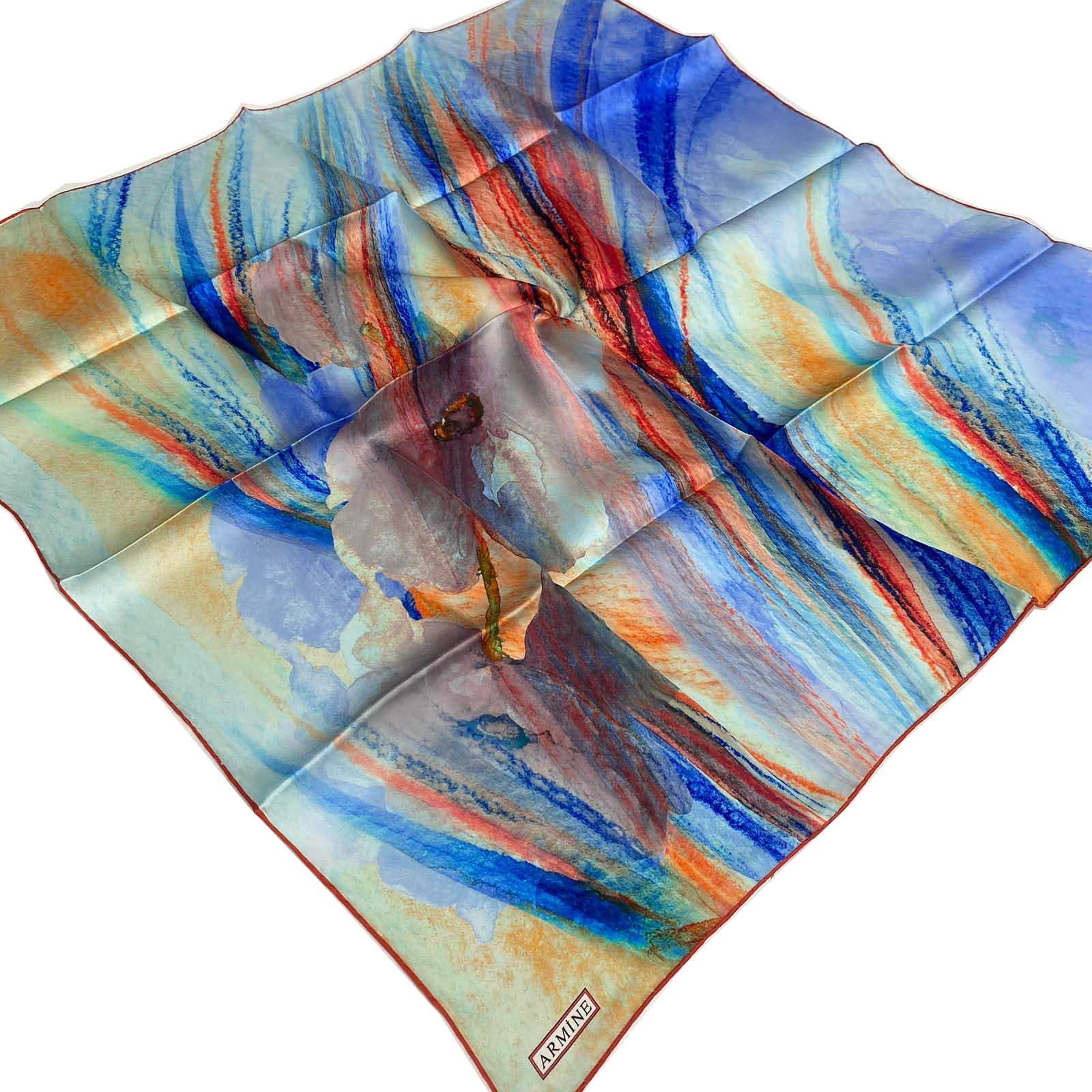 Armine Mavi - Kırmızı Batik Desen Tivil İpek Eşarp 9102 - 03