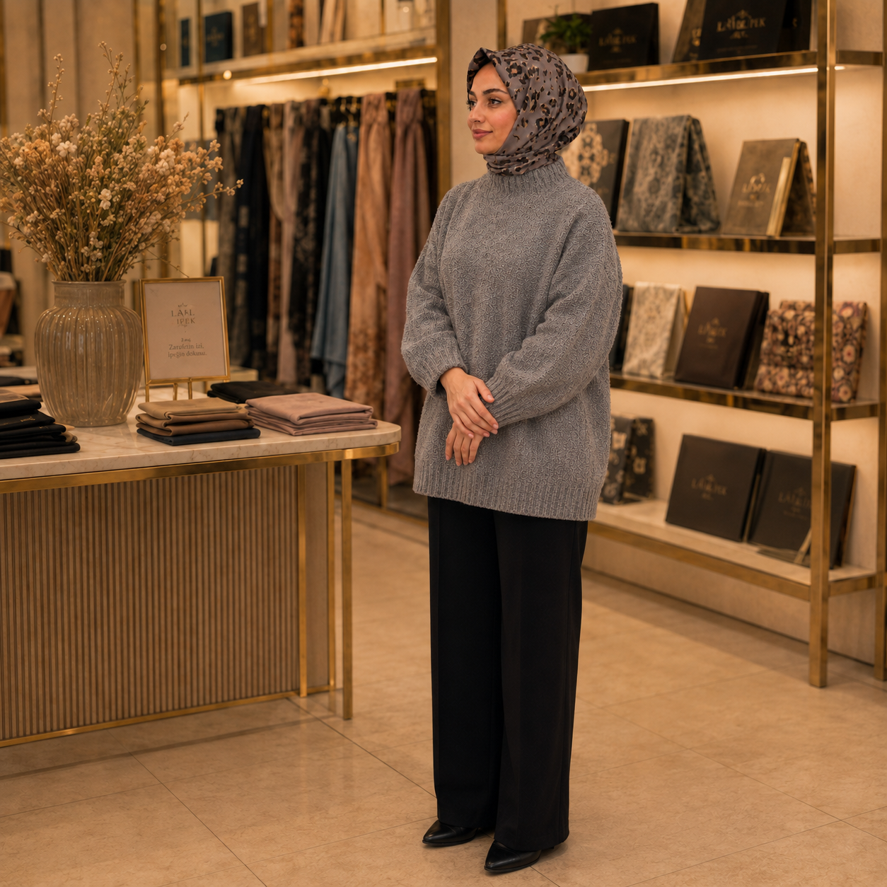 Armine Nostalji Sura İpek Eşarp  9249 31 Gri Gold Leopar Desen