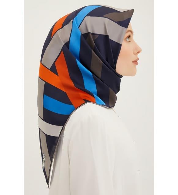 Armine Nostalji Sura İpek Eşarp IST 8923-54 Lacivert  Kiremit Geometrik Desen